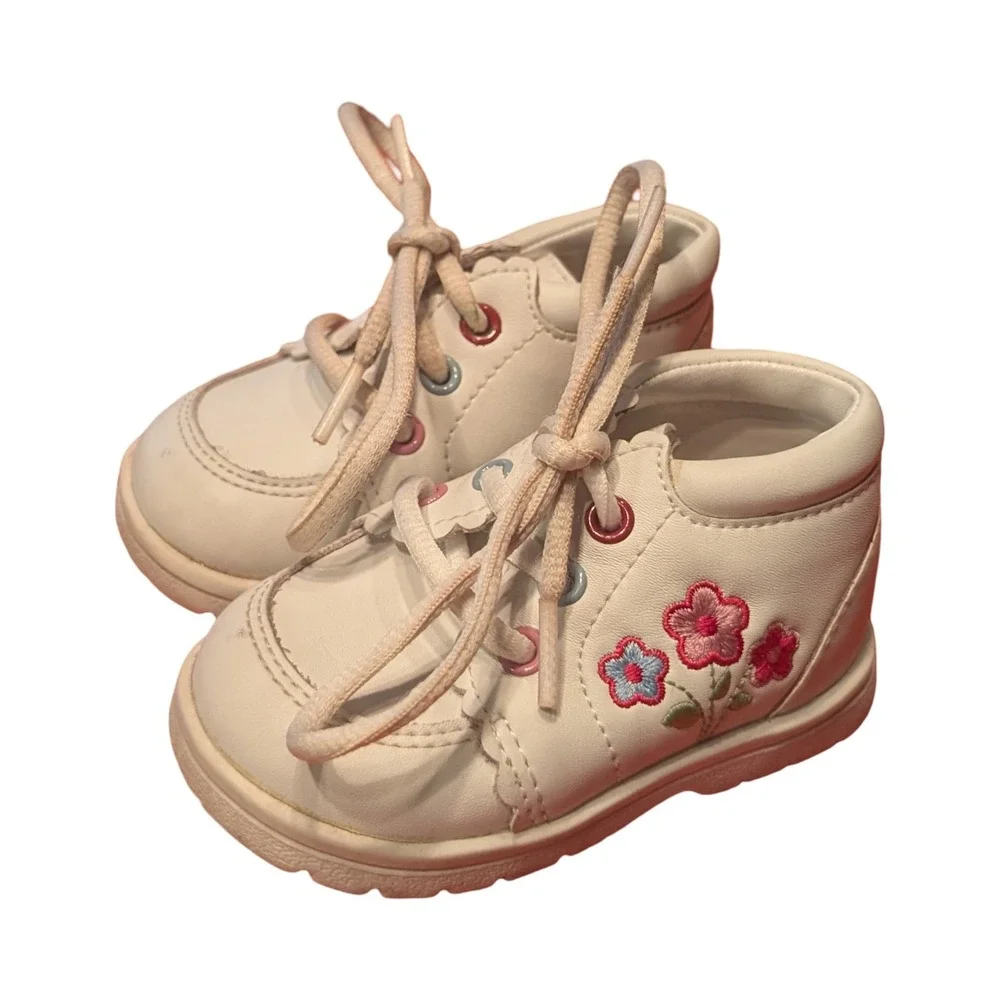 Y2K Baby Smart White Floral Embroidered High Top First Walker Shoes Pink Size 3‎